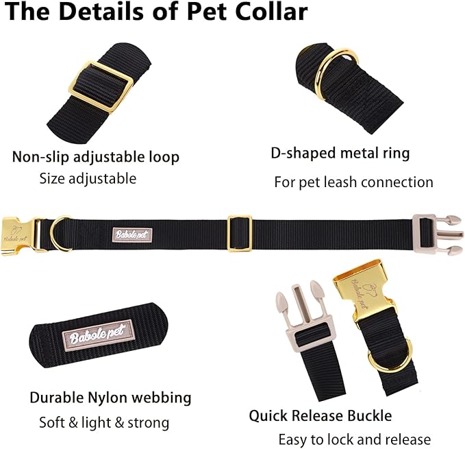 Babole Pet Nylon Dog Collar - Adjustable Black Soft Webbing Dog Collars for Small Medium Large Dogs Boy Girl Puppy Collar with Safety Metal Buckle XS