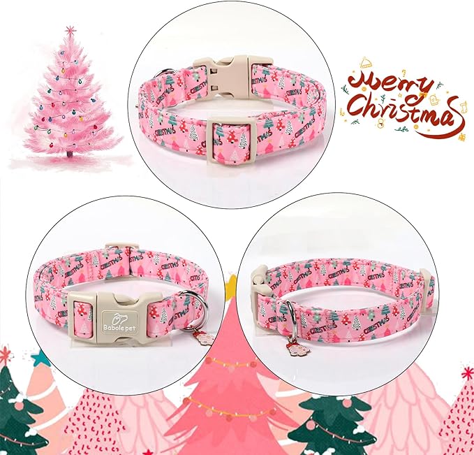 Babole Pet Christmas Dog Collar for Puppy Small Dogs - Cute Xmas Tree Print Pink Christmas Collars for Dogs, Soft Adjustable Winter Holiday Dog Collars with Quick Release Buckle XS