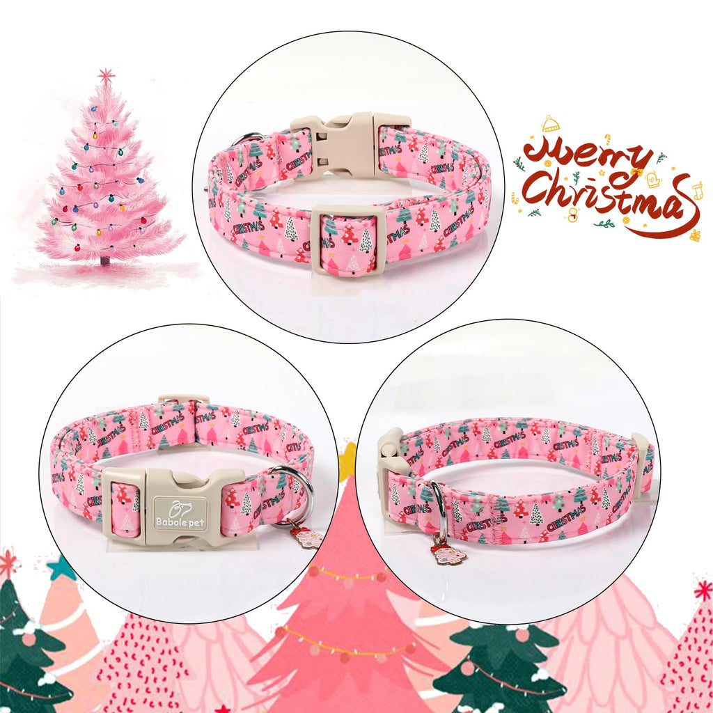 Babole Pet Christmas Dog Collar for Puppy Small Dogs - Cute Xmas Tree Print Pink Christmas Collars for Dogs, Soft Adjustable Winter Holiday Dog Collars with Quick Release Buckle XS