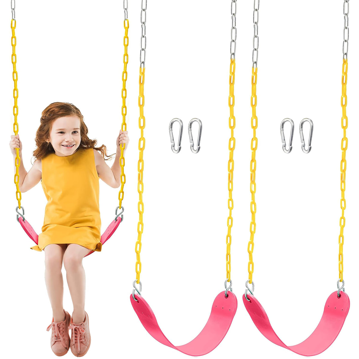 TURFEE 2 Pack Swing for Outdoor Swing Set, Swing Seat Replacement Kit with 66" Heavy Duty Chains, 4 Snap Hook for Kids Outdoor Play Playground, Trees, Playground (Blue)
