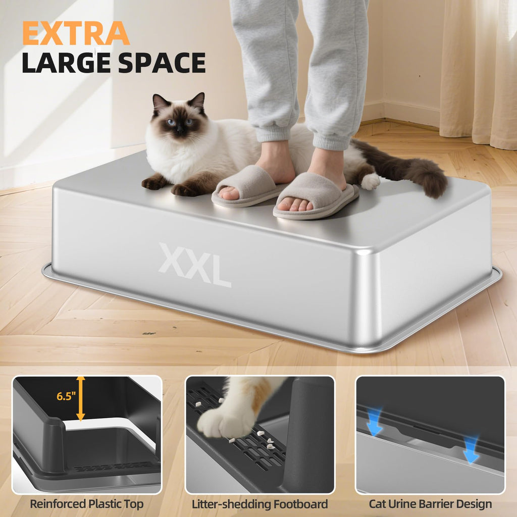 Stainless Steel Cat Litter Box, XXL High Sided Open Top Litter Pan, 1 Scoop