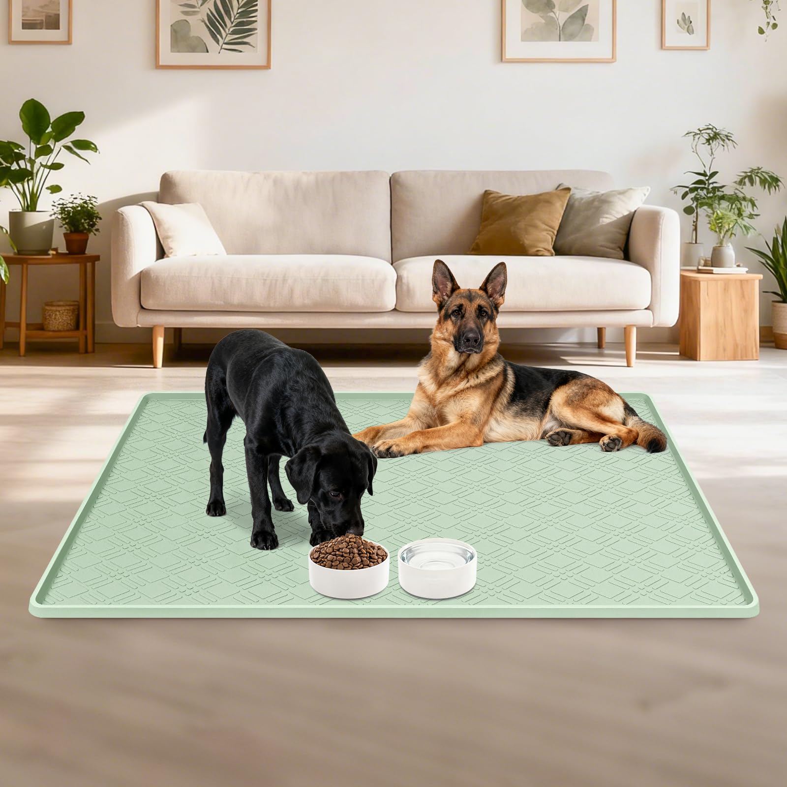 Lanstics Dog Food Mat 42" x29" Silicone Mat with Raised Edge Light Green
