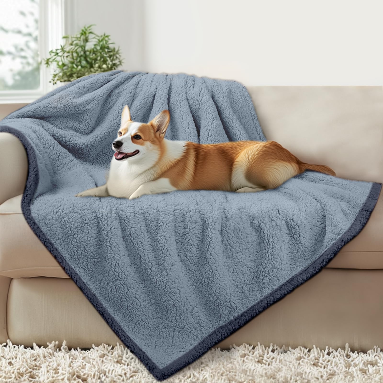 Luciphia Waterproof Pet Blanket for Medium Large Dogs Soft Cat Sherpa Calming Thick Cover Leakproof Cozy Puppy Sofa Bed Car Couch Protector(Blue/Navy,41x31 inches)