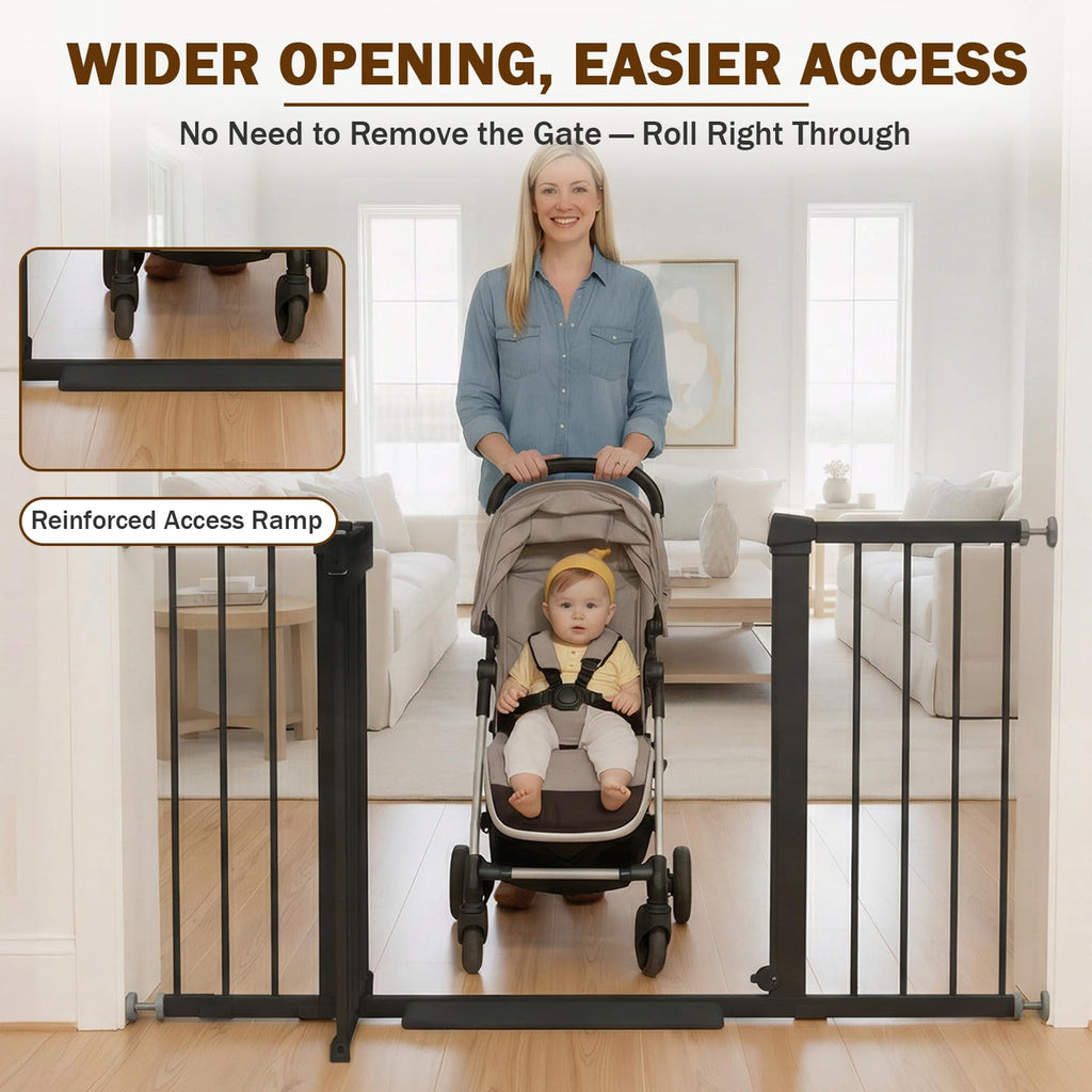 Mumeasy 29.7–51 Inch Extra Wide Baby Gate for Stairs, Extra Long Indoor Dog Gate for Doorways, Pressure Mounted Walk Thru Child Gate with Auto-Close, No-Drill Safety Pet Gate with Door for House,Black
