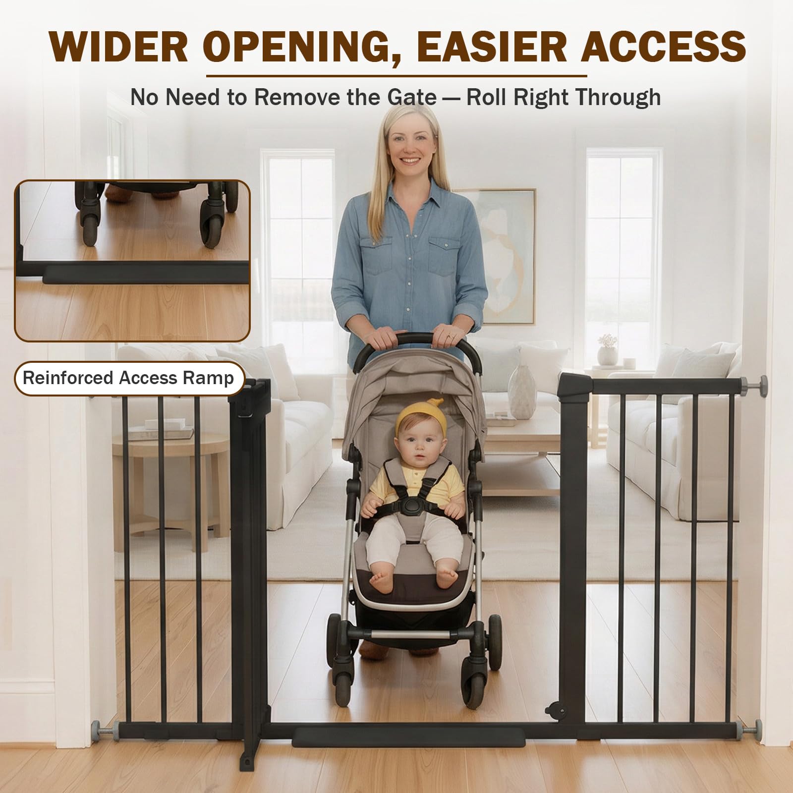 Mumeasy 29.7–51 Inch Extra Wide Baby Gate for Stairs, Extra Long Indoor Dog Gate for Doorways, Pressure Mounted Walk Thru Child Gate with Auto-Close, No-Drill Safety Pet Gate with Door for House,Black