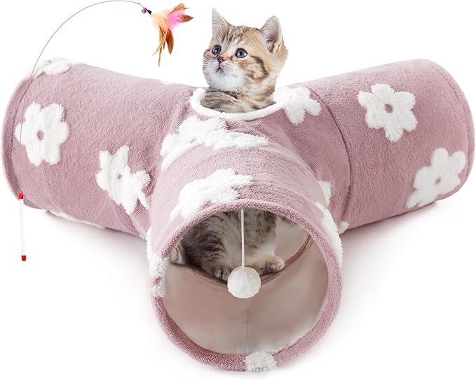 Tempcore Cat Tunnel for Indoor Cats, 3 Way Collapsible Pet Play Tunnel with Teaser Wand, Peek Holes & Hanging Ball, Interactive Tube for Kittens & Rabbits