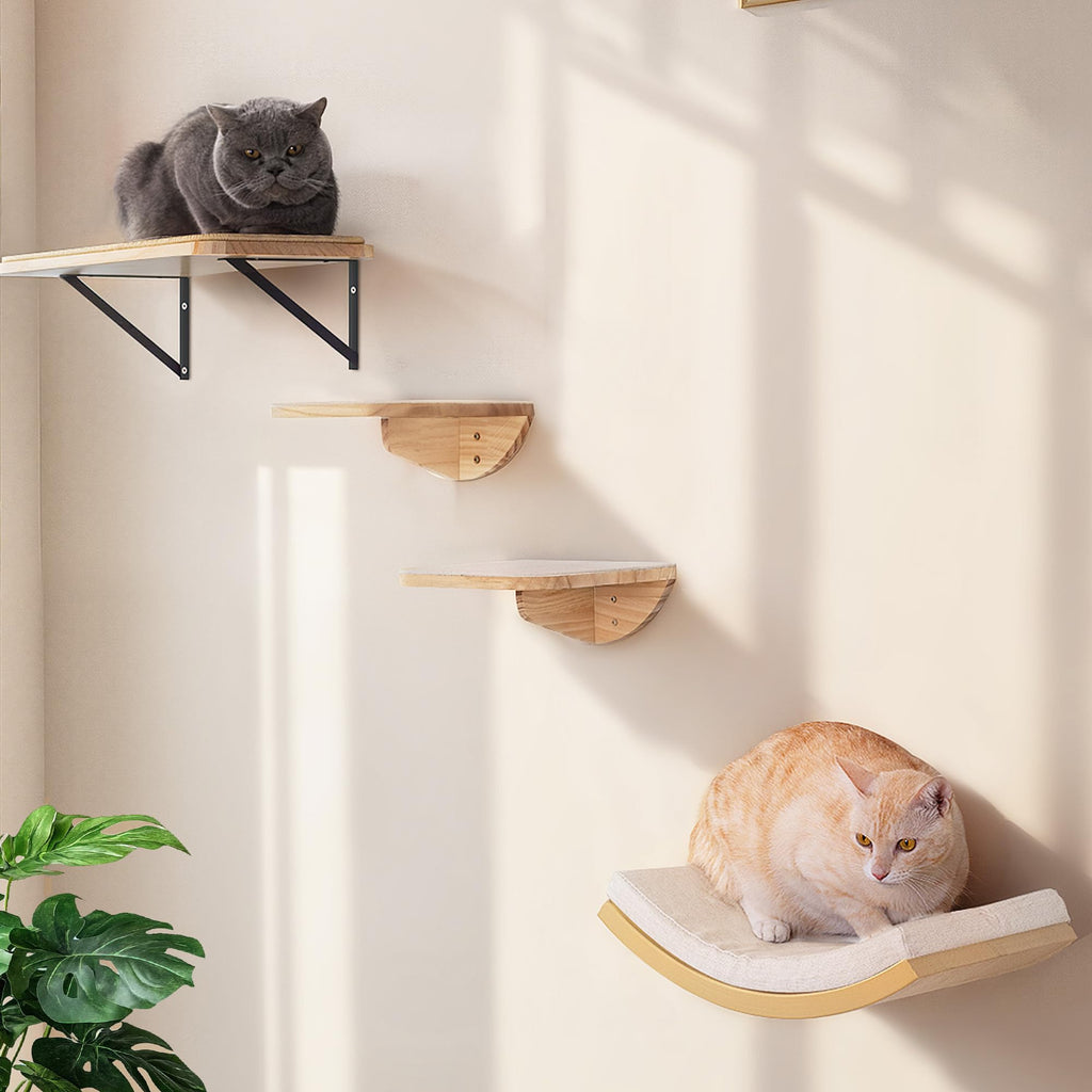 PELUOMOZ Cat Wall Shelves with Sisal Pads, 4-Piece Wooden Cats Furniture Set with Cat Window Perch, Flat Shelf & Sisal-Clad Steps for Climbing and Scratching