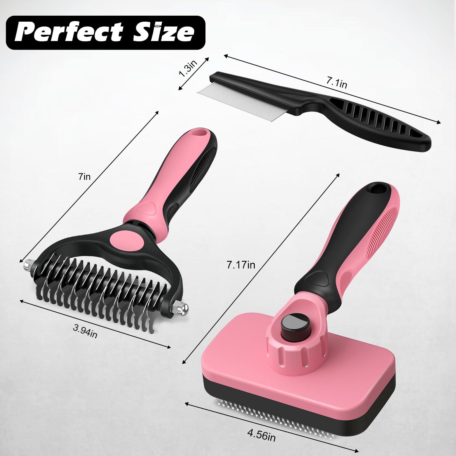 Professional 3PCS Self Cleaning Slicker Brush & Pet Grooming Rake & Flea Comb for Dogs,Cats and Horses | Double-Sided Dematting Comb & Skin Friendly Deshedding Grooming Tool (Light Pink)