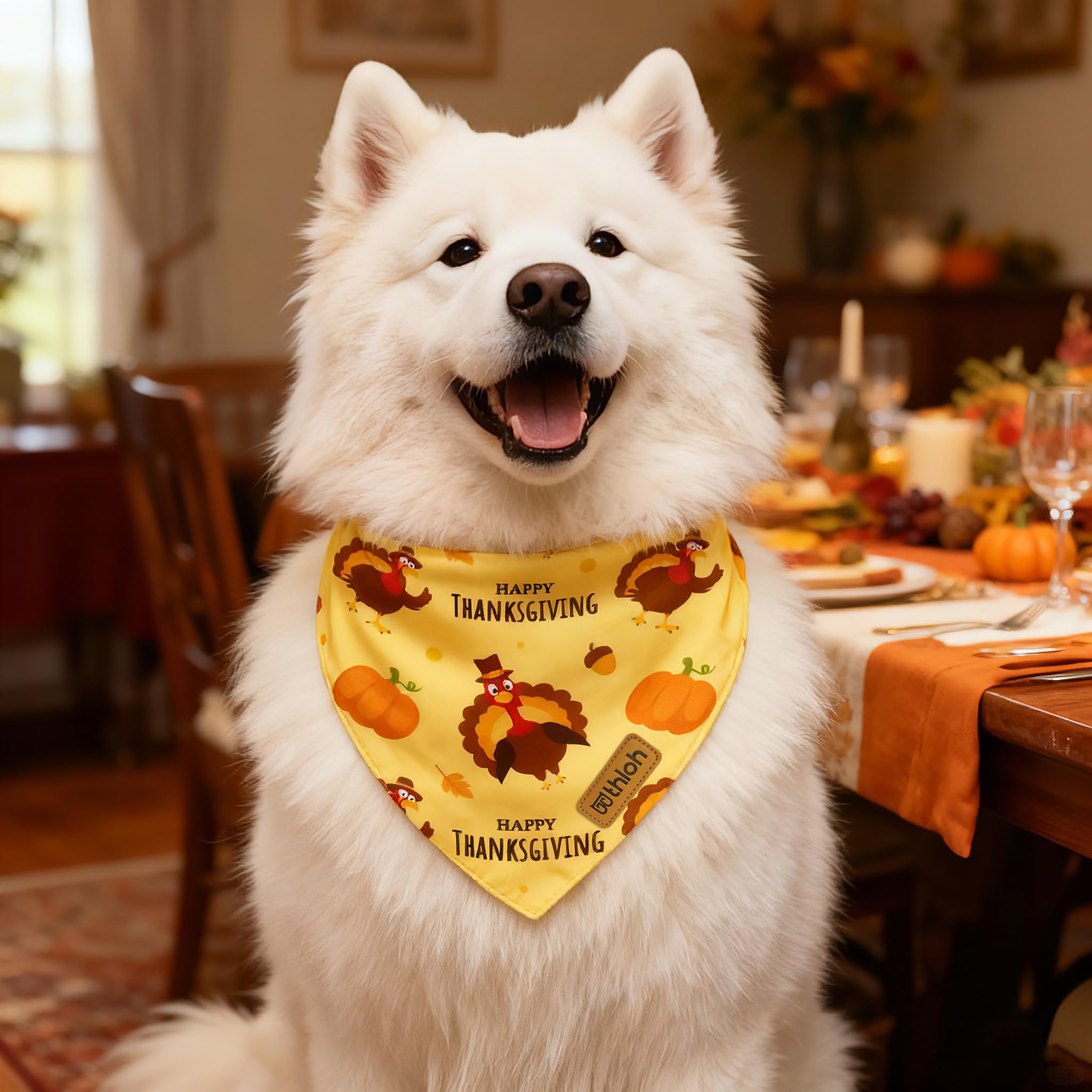THLOH Thanksgiving Dog Bandanas with Snap Button, 2 Pack Adjustable Fall Bandanas for Small, Medium, and Large Dogs, Pumpkin Pet Scarf for Autumn Costume Accessory & Photo Shoot (Large)