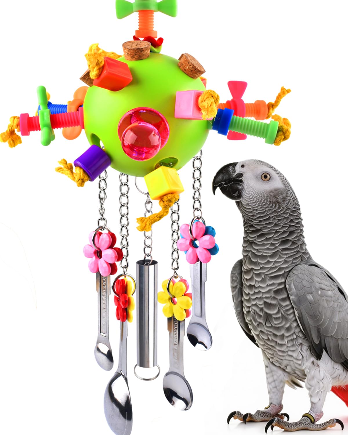 KATUMO Parrot Toys - Colored Chew Toys & Bird Spoons for Parrot, African Grey, Conure, Caique, Quaker, Small Cockatoo, Mini Macaw, Eclectus & Similar Small Medium Birds