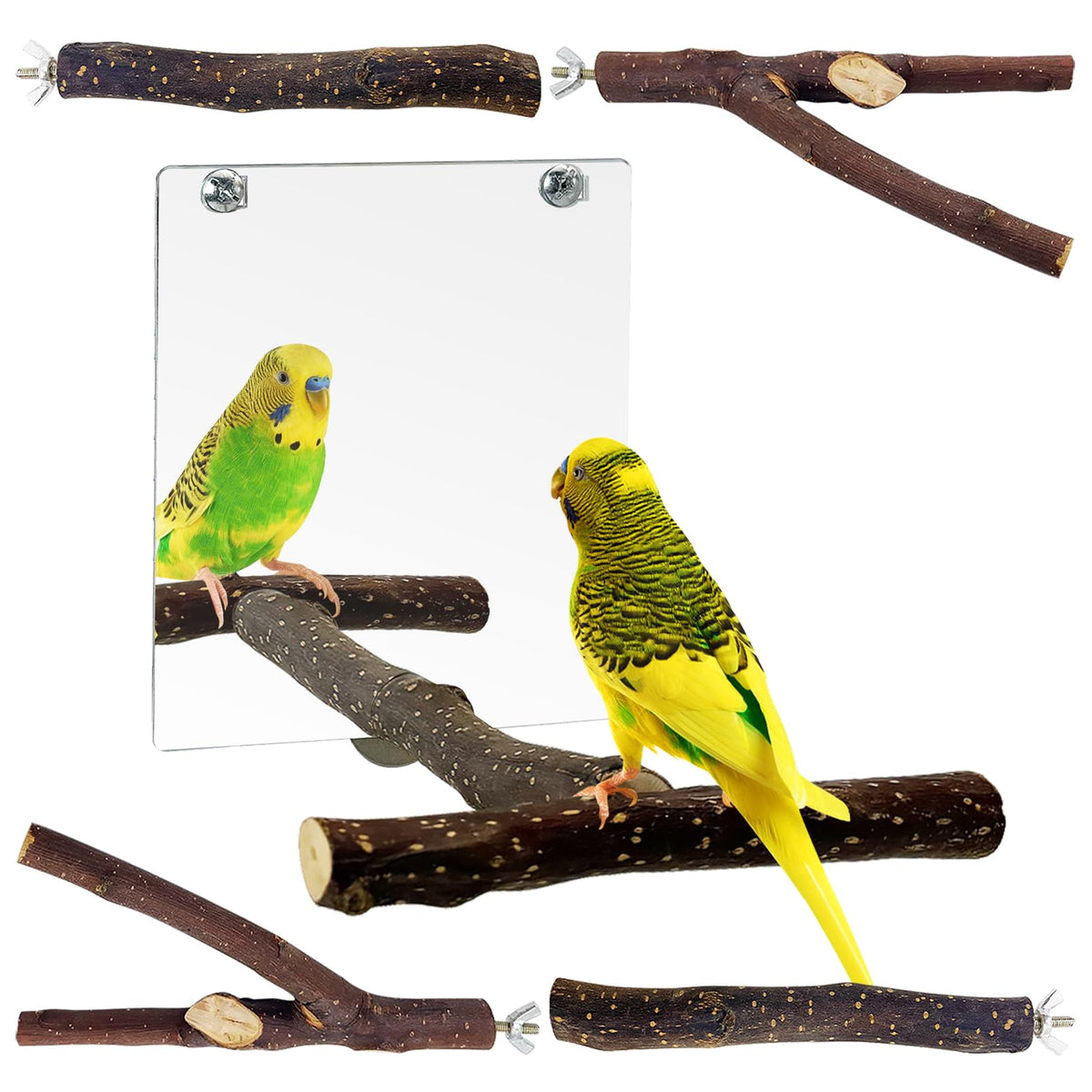 BNOSDM Bird Mirror with Wood Perches 5Pcs Natural Parrot Wooden Stand