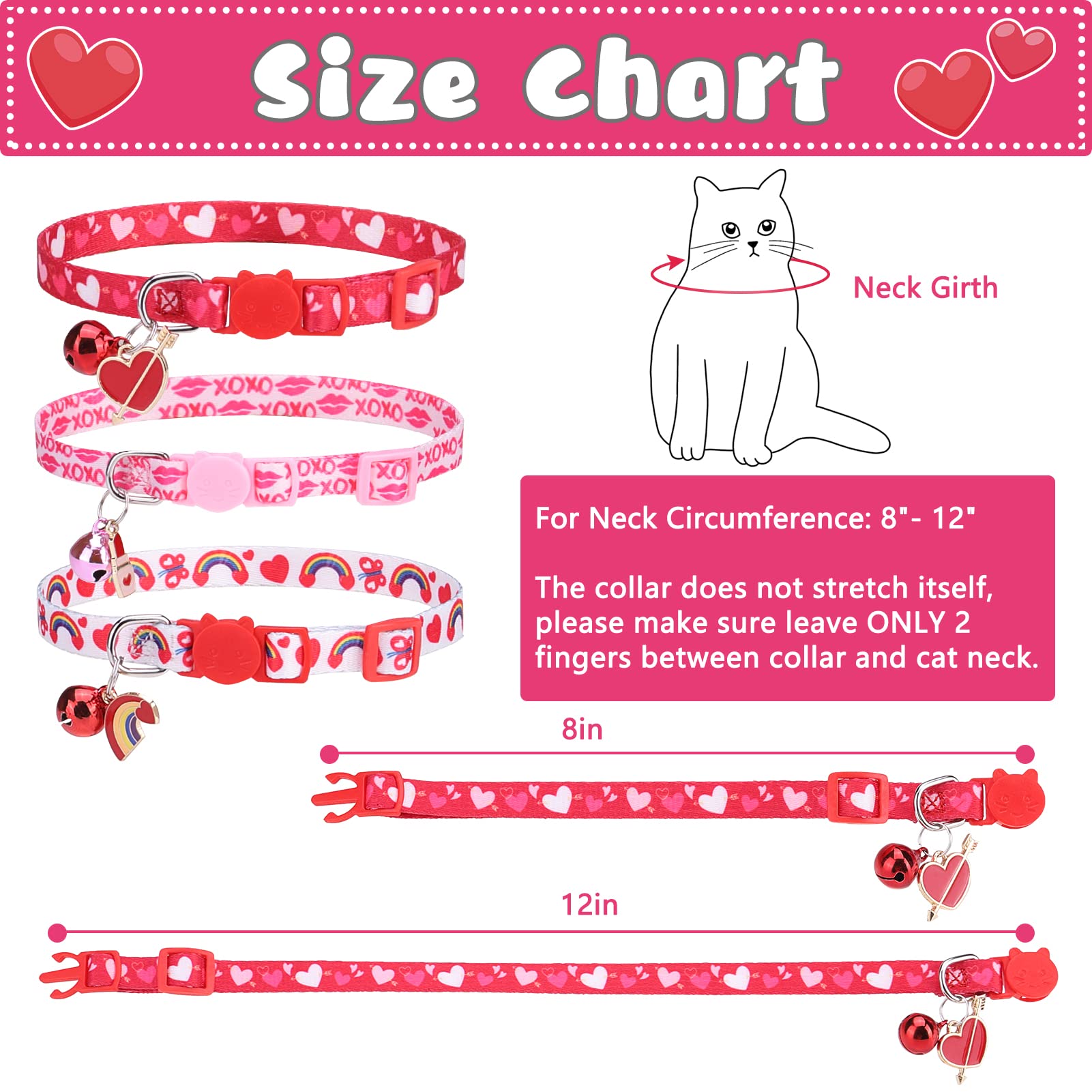 VKPETFR Breakaway Cat Collars with Bell & Cute Pendants, 3 Pack Safety Buckle Kitten Collars, Adjustable Pet Collar Ideal for Girl Boy Cats Puppy (Love Heart)