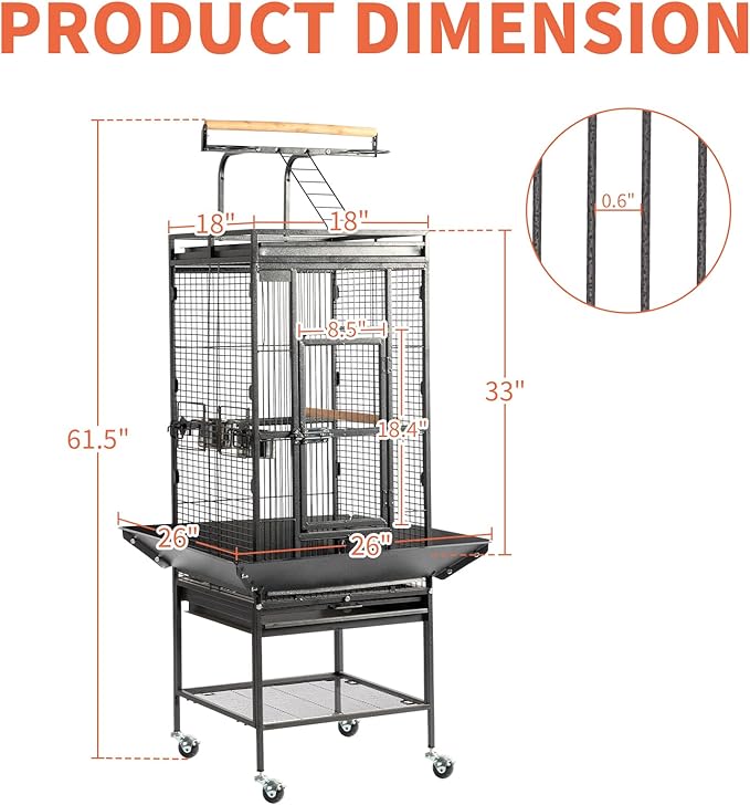 VINGLI Bird Cage with Wheels, 62 inch Bird Cages with Play Top, Wrought Iron Cage with Rolling Stand for Parrots, Cockatiels, Budgies, Lovebirds, Small/Medium Birds (Black)