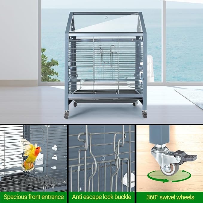 SUKEOPET Acrylic Bird Cage, 25 inch Medium Parrot Cage for Parakeet Cockatiel Conure Lovebird, Panoramic View Bird Cage with Water Bottle Bird Feeder Perch Rolling Stand