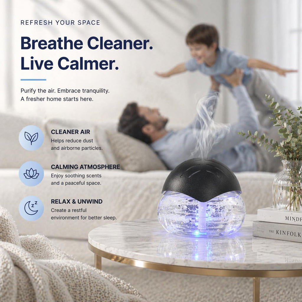 Air Freshener（Black） - for Home, Bedroom, Office and Warehouse - Essential Oil Aroma Diffuser with LED Color Night Light and Soothing Water Flow Sound - for Pets and Smokers.