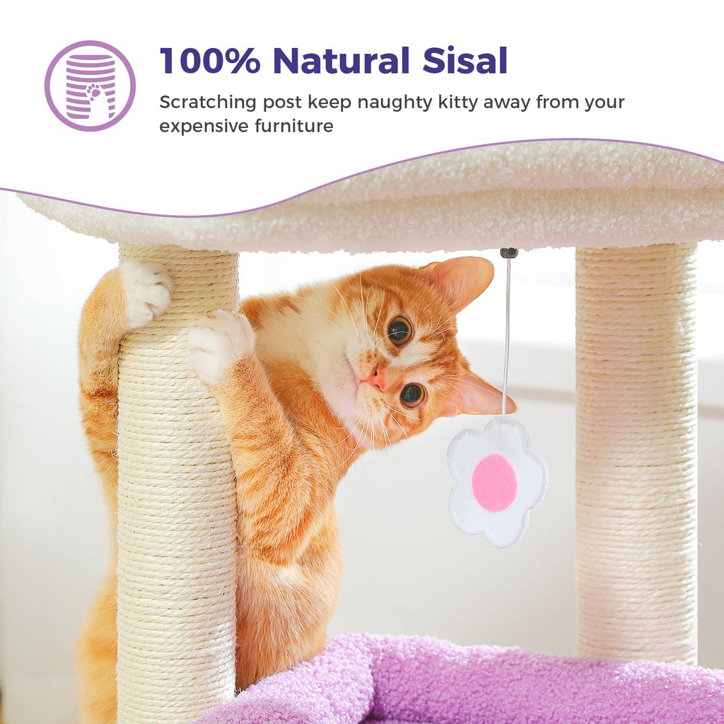 PEQULTI Indoor Cat Tree Tower Small Cats, Sisal Post & Cozy Condo, Purple