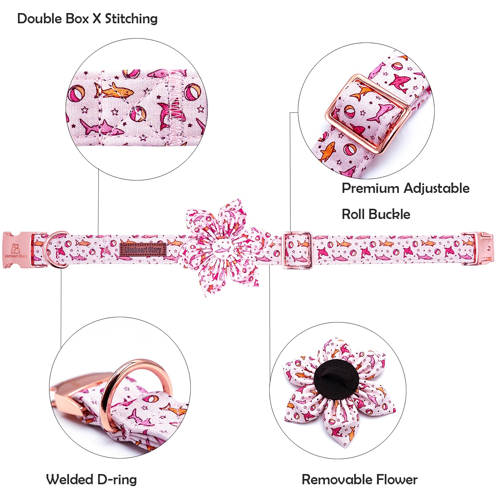 Lionheart Glory Shark Print Pink Collar - Adjustable Soft Dog Collar for Small Dogs
