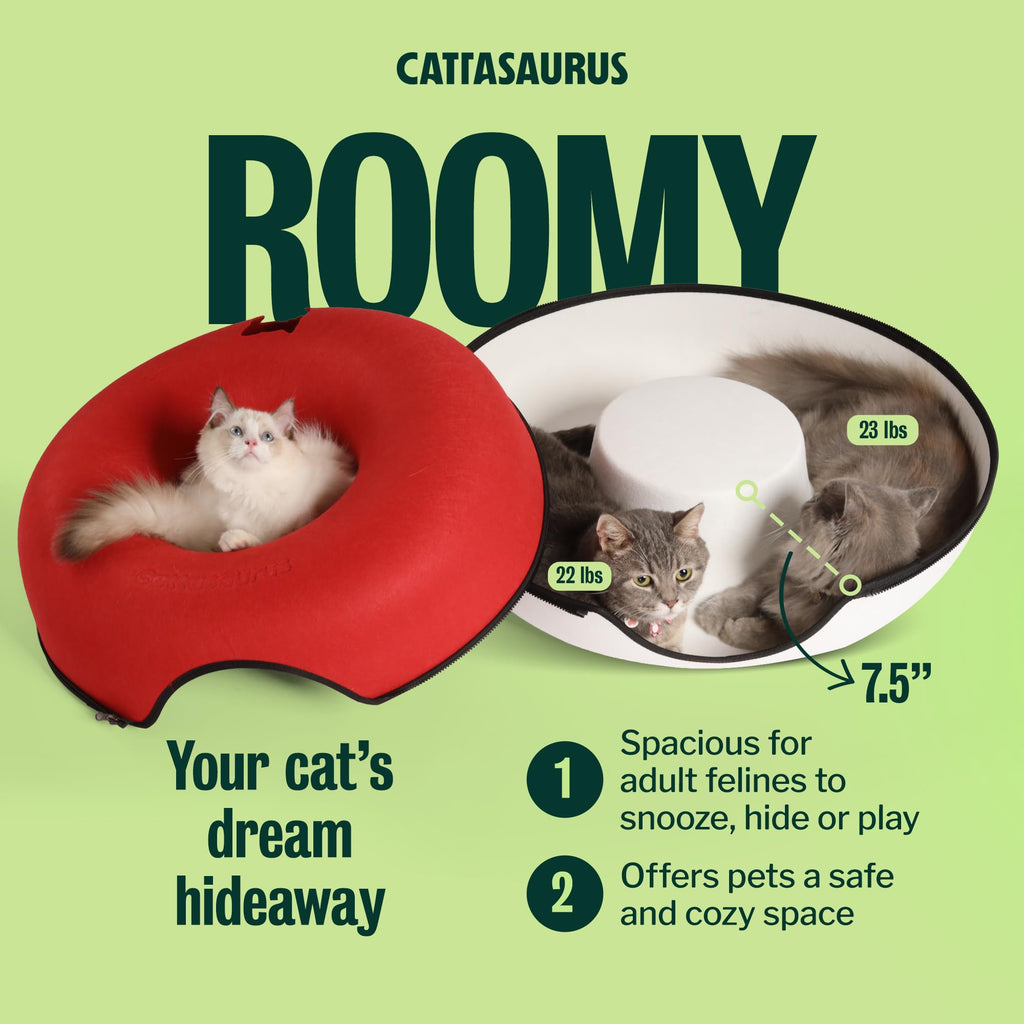 Cattasaurus Peekaboo Cat Cave Donut for Multiple & Large Cats up to 30-45 lbs, 3-in-1 Self Warming Cat Bed, Tunnel & Scratcher for Indoor Cats, Washable & Detachable Dog Bed (Ruby Snowball, Large)