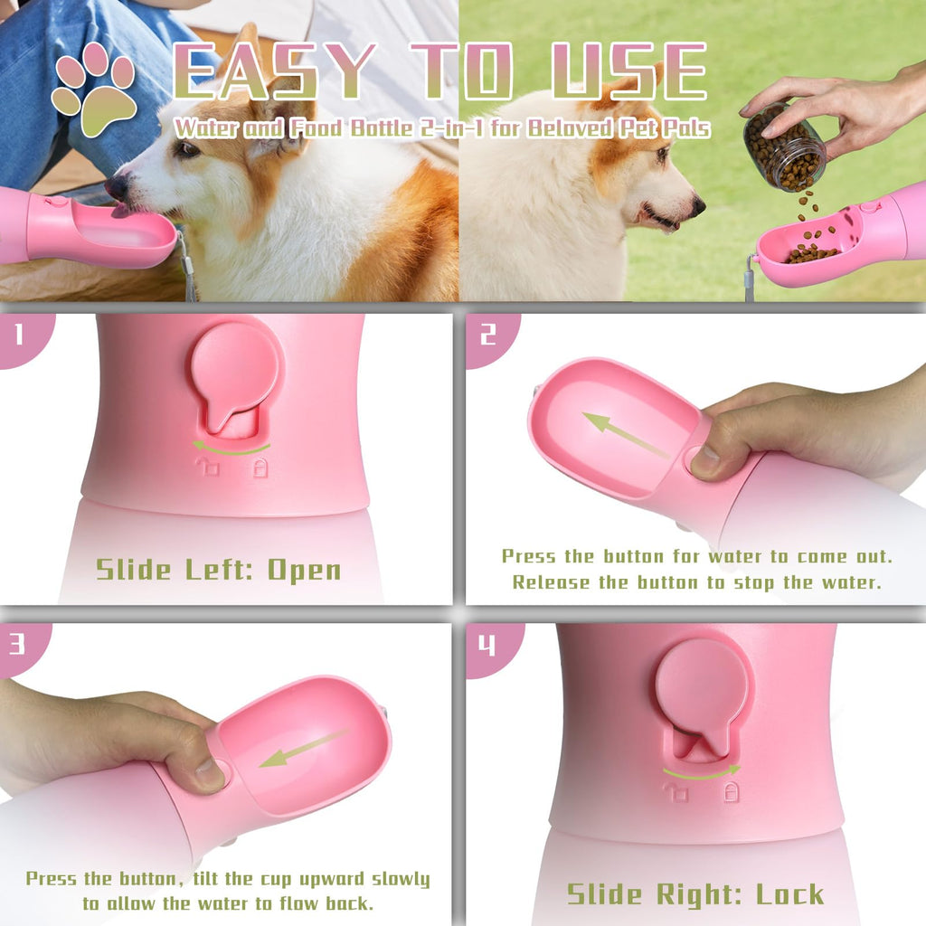 MITOCAPY Dog Water Bottle Portable, 19Oz Large Capacity Dog Water Dispenser, Food Grade Pet Accessories for Small Dogs Large Breed, Travel Pet Water Bowl for Outdoor, Dog Birthday Gifts (Pink&Green)
