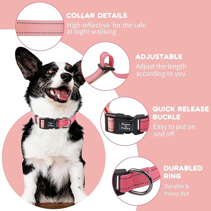 Roses&Poetry Pink Dog Collar for Female Dogs Reflective with Pink Gradient Color, Adjustable XSmall Puppy Collars Tiny for Small Medium Large Dogs (Pink Gradient-XS)
