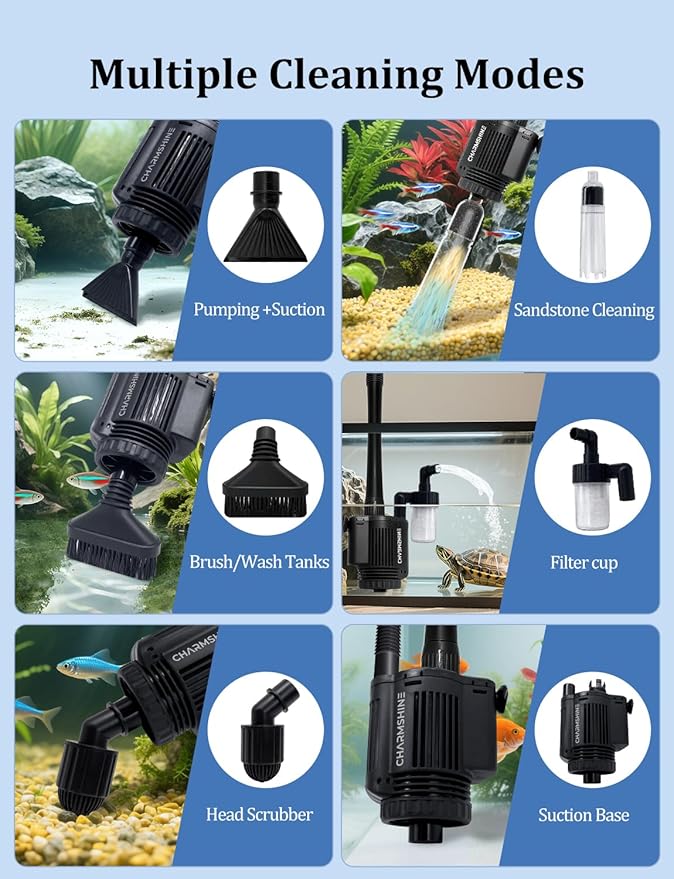 Gravel Vacuum for Aquarium, 6 in 1 Fish Tank Cleaner Tool Kit Electric Vacuum Gravel Cleaner for Aquarium Automatic Water Change, Wash Sand, Water Circulation,With Filter Cup, Hose Clamp (370GPH 22W)