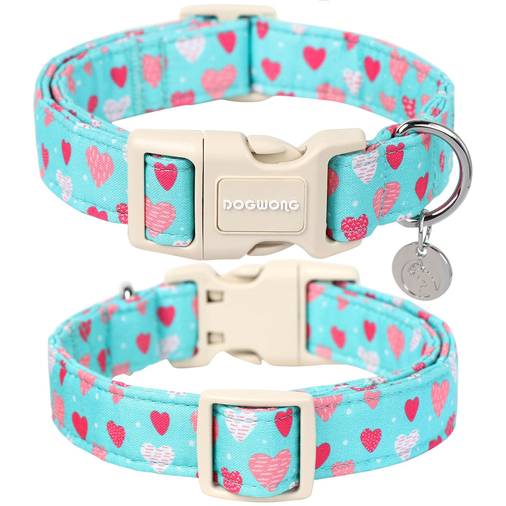 DOGWONG Valentine's Dog Collar - Blue Heart Adjustable Cotton Heart Dog Collar - Perfect for Small, Medium, Large Dogs