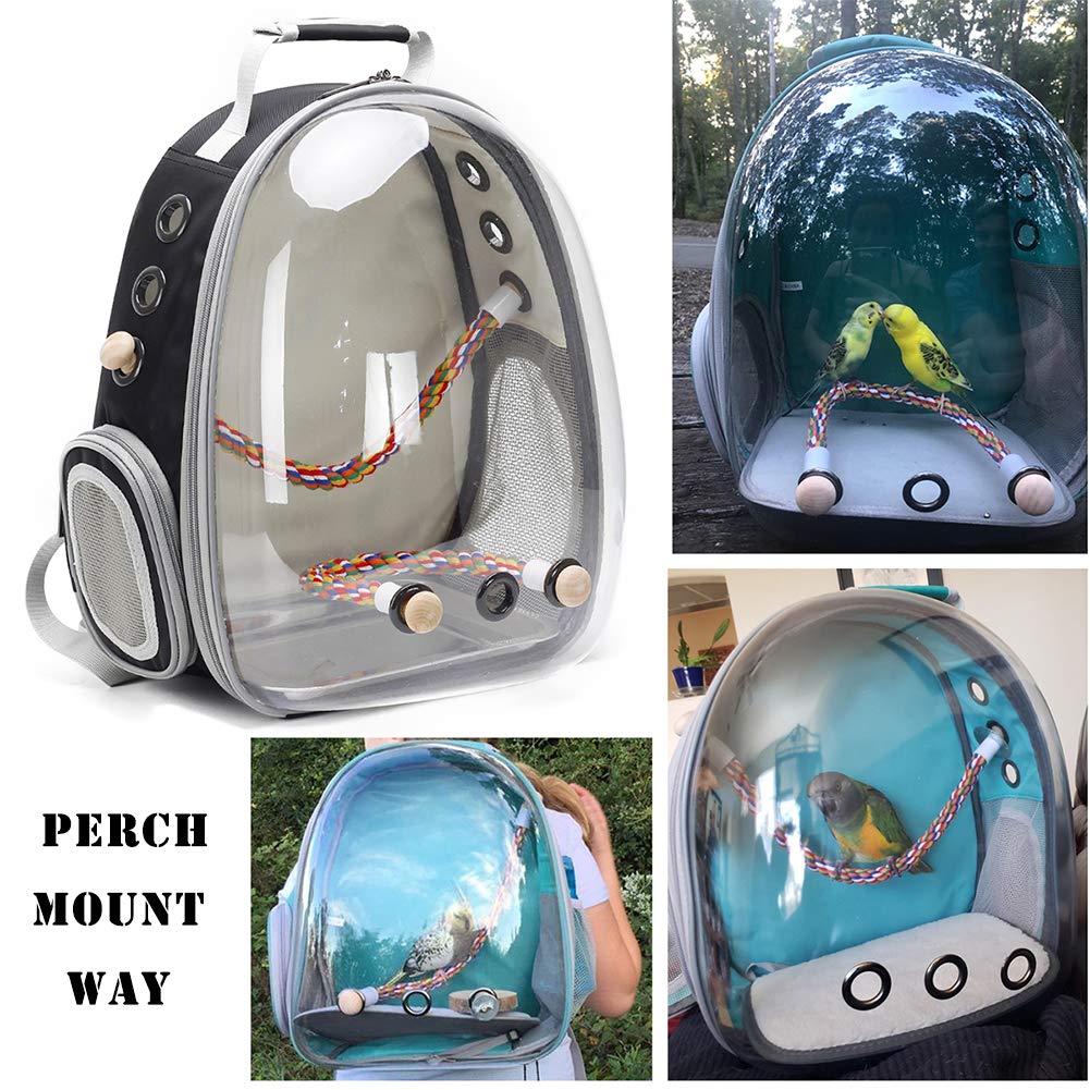 Bird Traval Carrier Cage, Clear Space Capsule Astronaut Backpack to Carry Parakeet Cockatiel Parrot with Metal Tray Bird Feeder Wood Perch, Vet Transport Bag
