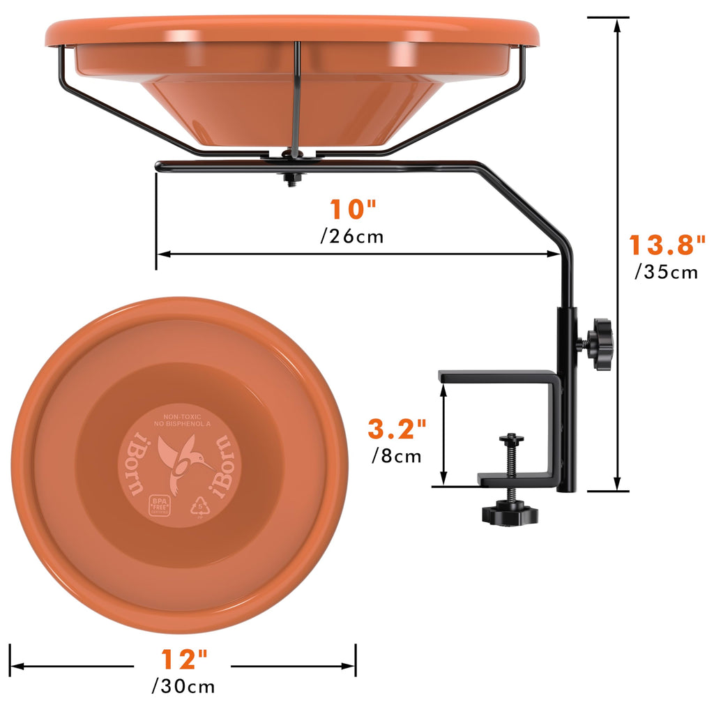 iBorn Bird Bath for Outside,Deck Mounted Bird Bath 12in，Birds Baths for Outdoors with Adjustable Clamp 3.2in，BPA-Free Bowl，360°Swivel & Adjustable Height Bracket，Detachable Birds Baths, Pack of 1