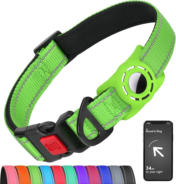 Erbine AirTag Dog Collar with AirTag Holder Compatible for Air Tag, Reflective Soft Padded, Safety Locking Buckle, Adjustable Nylon for Small Medium Large Dogs (Green,L)