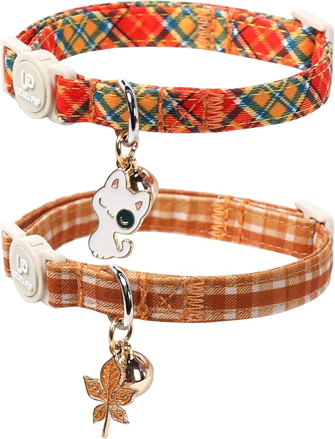 UP URARA PUP Cat Collar,2Pack Summer Cat Collars Cute Breakaway,Spring Green Leaf Flower Kitten Collar with Bell, Kitty Collars with Safety Buckle for Girl & Boy Cats