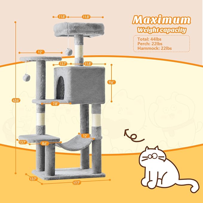 DUMOS 44 Inch Cat Tree Tower with Natural Sisal Scratching Posts