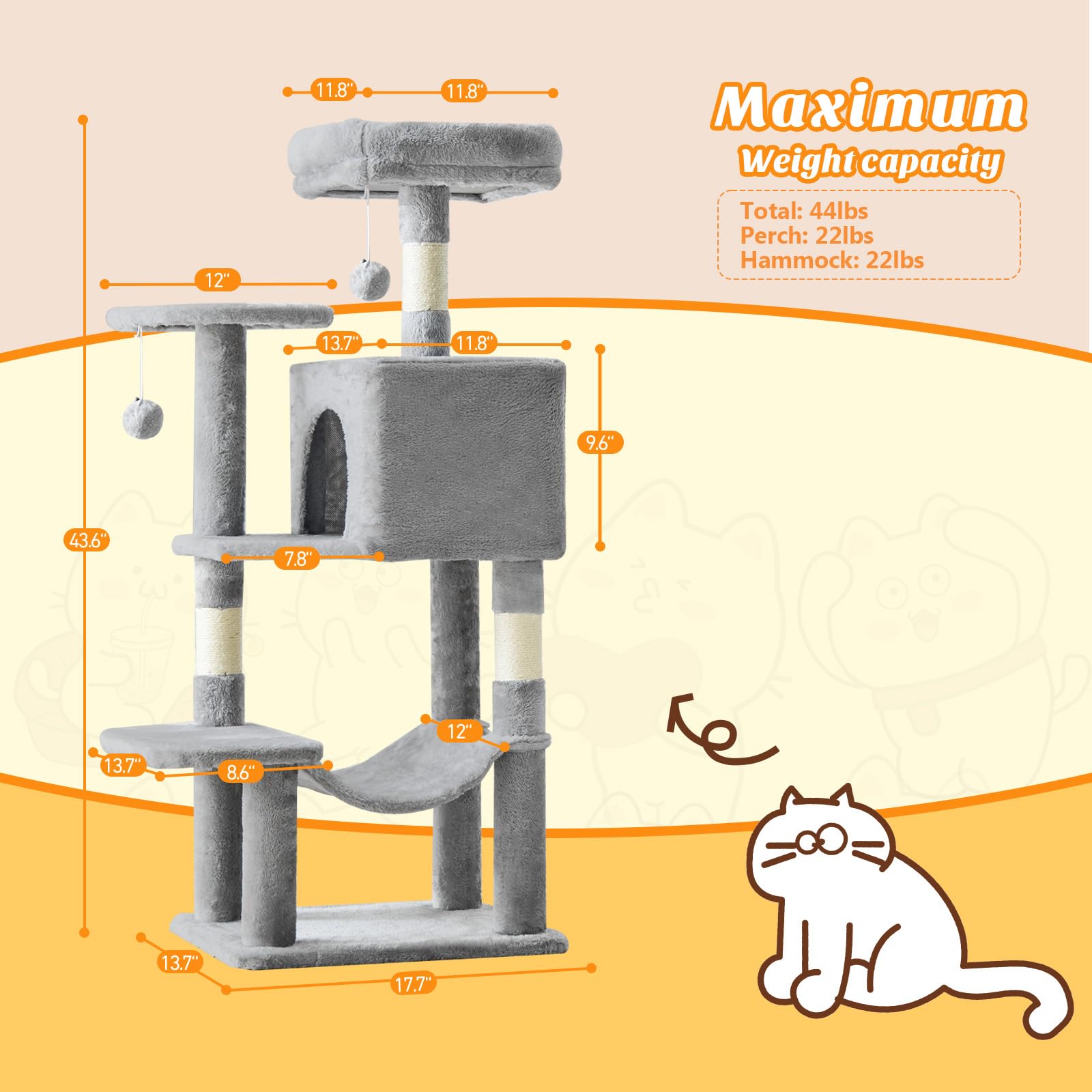 DUMOS 44 Inch Cat Tree Tower with Natural Sisal Scratching Posts