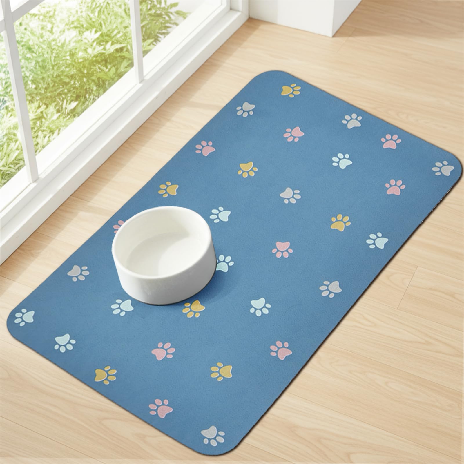 Yetstock Pet Feeding Mat Absorbent Dog Mat for Food and Water Non Slip Quick Dry Dog Bowl Mats for Floors 27" X 17" Paw Lake Blue