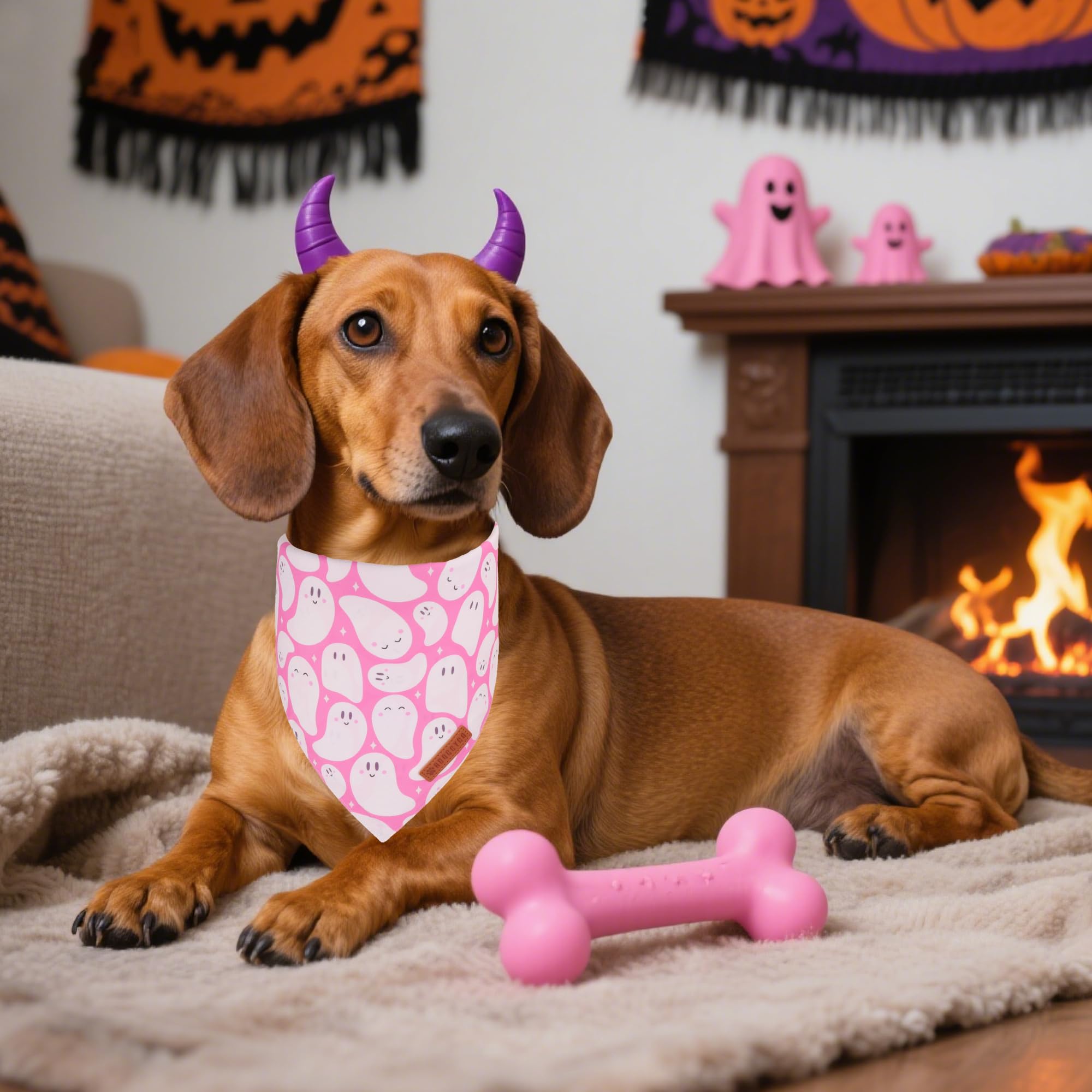 ADOGGYGO Halloween Dog Bandanas Girl, Pink Ghost Pumpkin Dog Scarf, Small