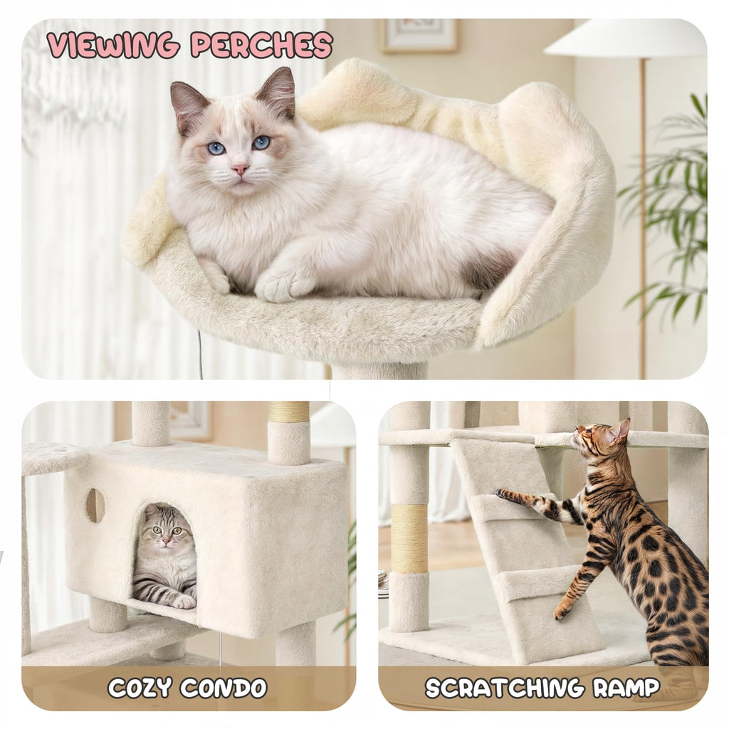 MoNiBloom 77 Inch Cat Tree Tower for Indoor Cats Large Adults, Tall Cat Tower with Scratching Post, Multi-Level Furniture Activity Center with Cat Condo Pet Play House, Beige