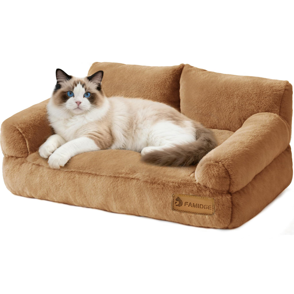 FAMIDGE Plush Cat Couch Bed - Cat Bed for Indoor Cats, Dog Sofa Bed, Short Rabbit Fleece Calming Pet Couch with Removable Cover, Anti-Shedding Pet Sofa for Small/Medium Pets (26×18×12in, Brown)