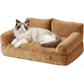 FAMIDGE Plush Cat Couch Bed - Cat Bed for Indoor Cats, Dog Sofa Bed, Short Rabbit Fleece Calming Pet Couch with Removable Cover, Anti-Shedding Pet Sofa for Small/Medium Pets (26×18×12in, Brown)