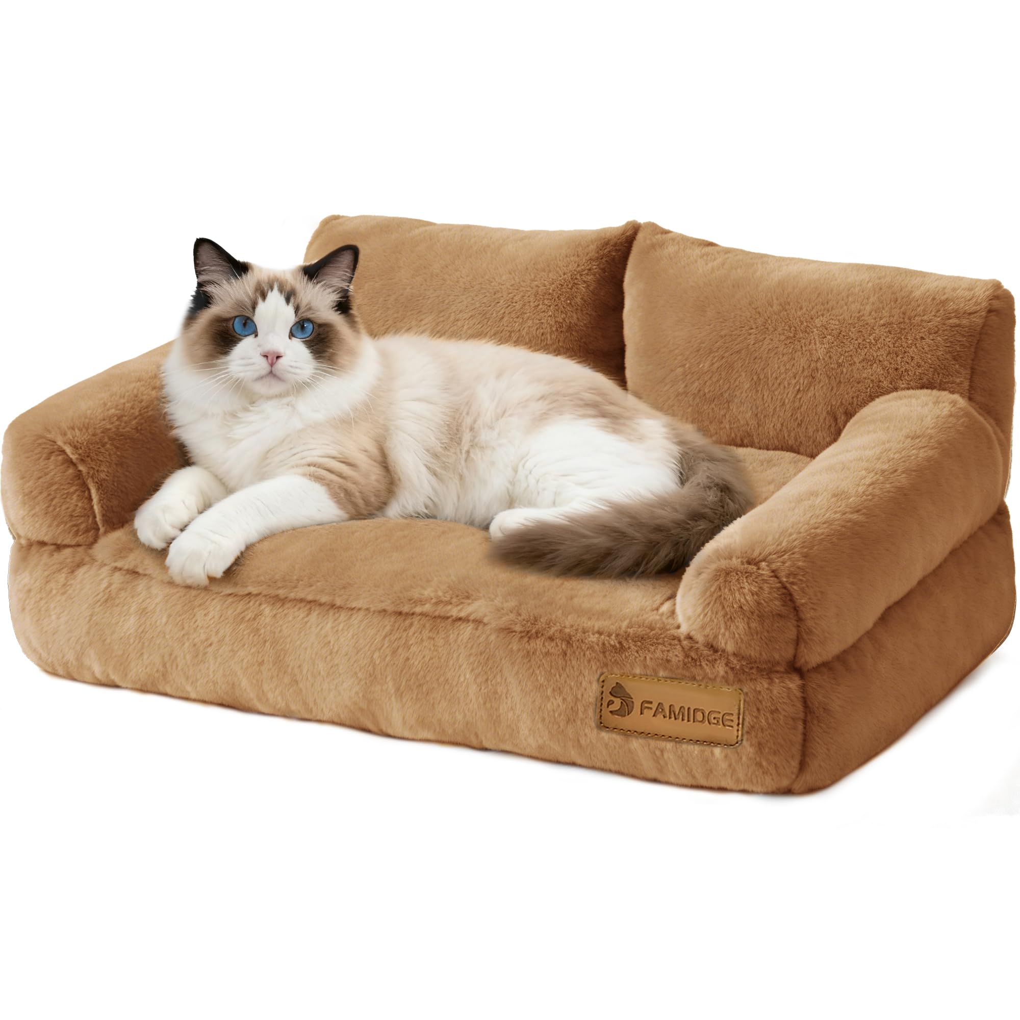 FAMIDGE Plush Cat Couch Bed - Cat Bed for Indoor Cats, Dog Sofa Bed, Short Rabbit Fleece Calming Pet Couch with Removable Cover, Anti-Shedding Pet Sofa for Small/Medium Pets (26×18×12in, Brown)