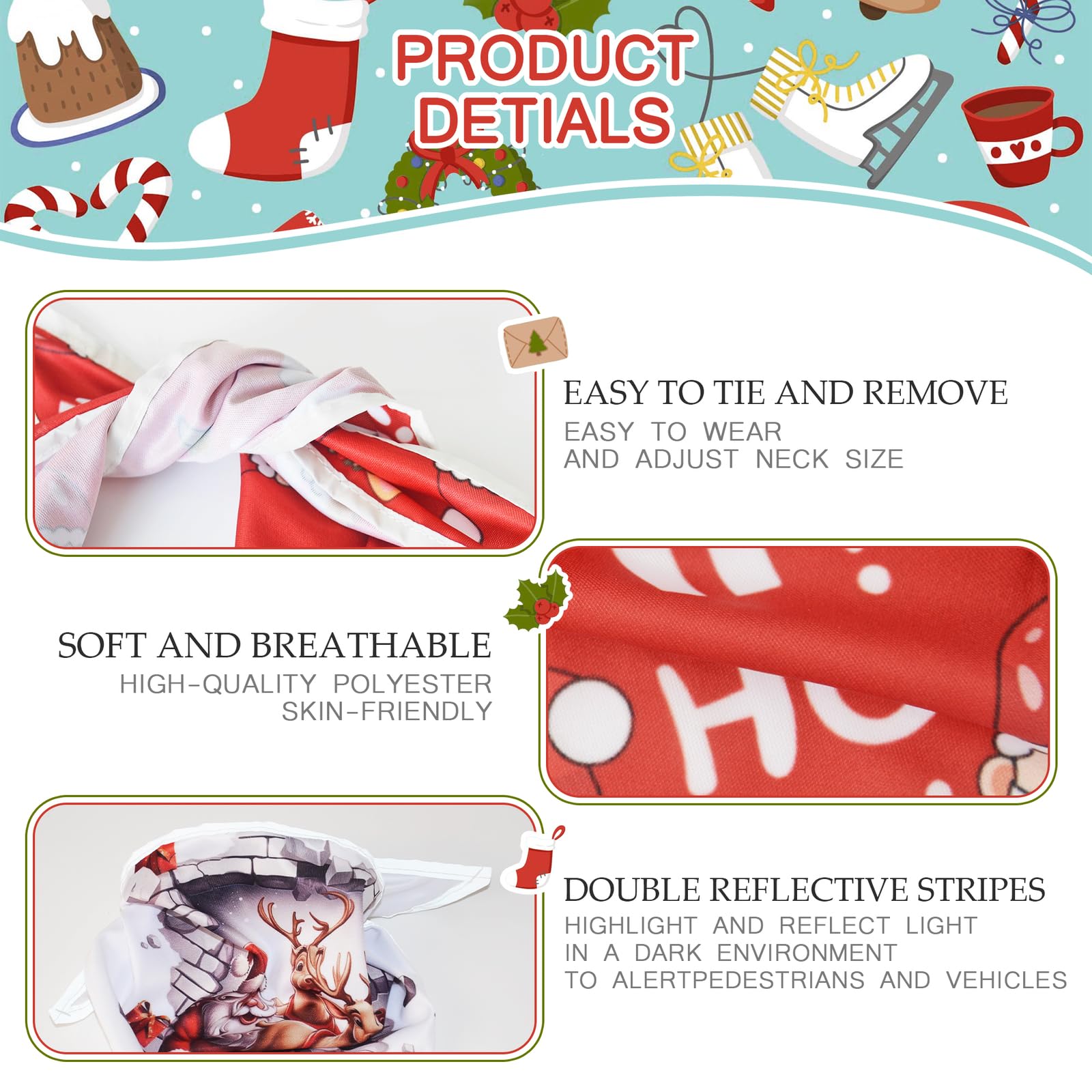 PAPIAMEN Christmas Dog Bandanas,Reflective Dog Bandana for Night Safety,Adjustable Santa Claus Dog Scarf Triangle Boy and Girl Pet Scarves for Medium Dogs,White,M