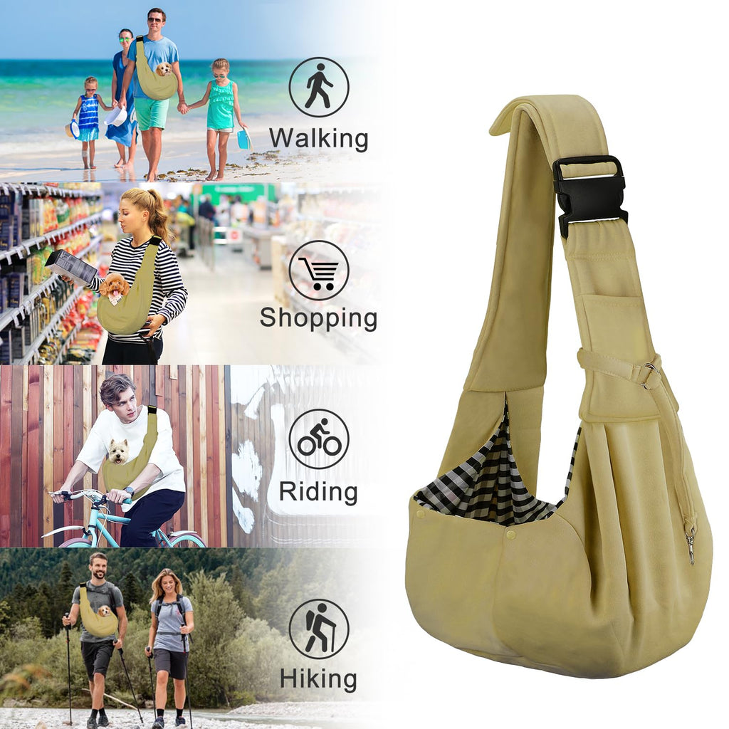 PETLOFT Reversible Dog Cat Sling Carrier, Small Dog Carrier, Adjustable Dog Sling, Hands Free Cross Body Carrier with Collar Hook for Dog/Cat/Bunny up to 11lb(Khaki)