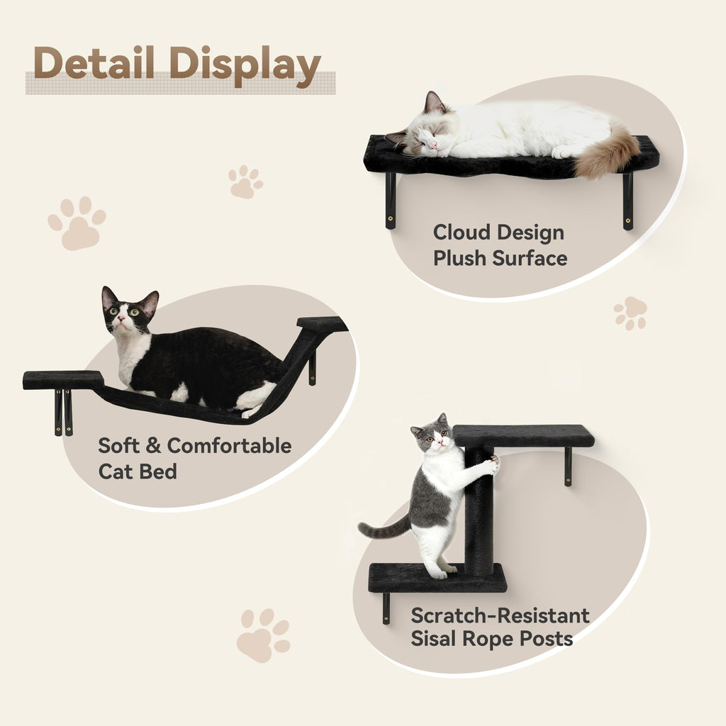 6‑in‑1 Cat Wall Shelves, Wall Mounted Cat Furniture Set with Scratching Posts, Cat Bed & Bridge, Space Saving Cat Climbing Perch for Kittens & Cats Up to 22 Lbs, Black