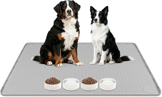 Lanstics Dog Food Mat 40" x 28" Large Silicone Mat with Raised Edge Gray