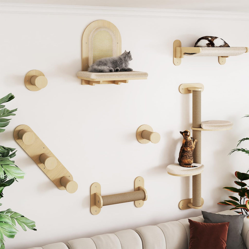 BYBYME 7 Pcs Wall-Mounted Cat Shelves, Multi-Level Sturdy Climbing Frame with Scratching Posts, Kitten Platform & Cat Bed for Playing & Resting, Solid Wood Indoor Cat Room Tree（Natural Wood）