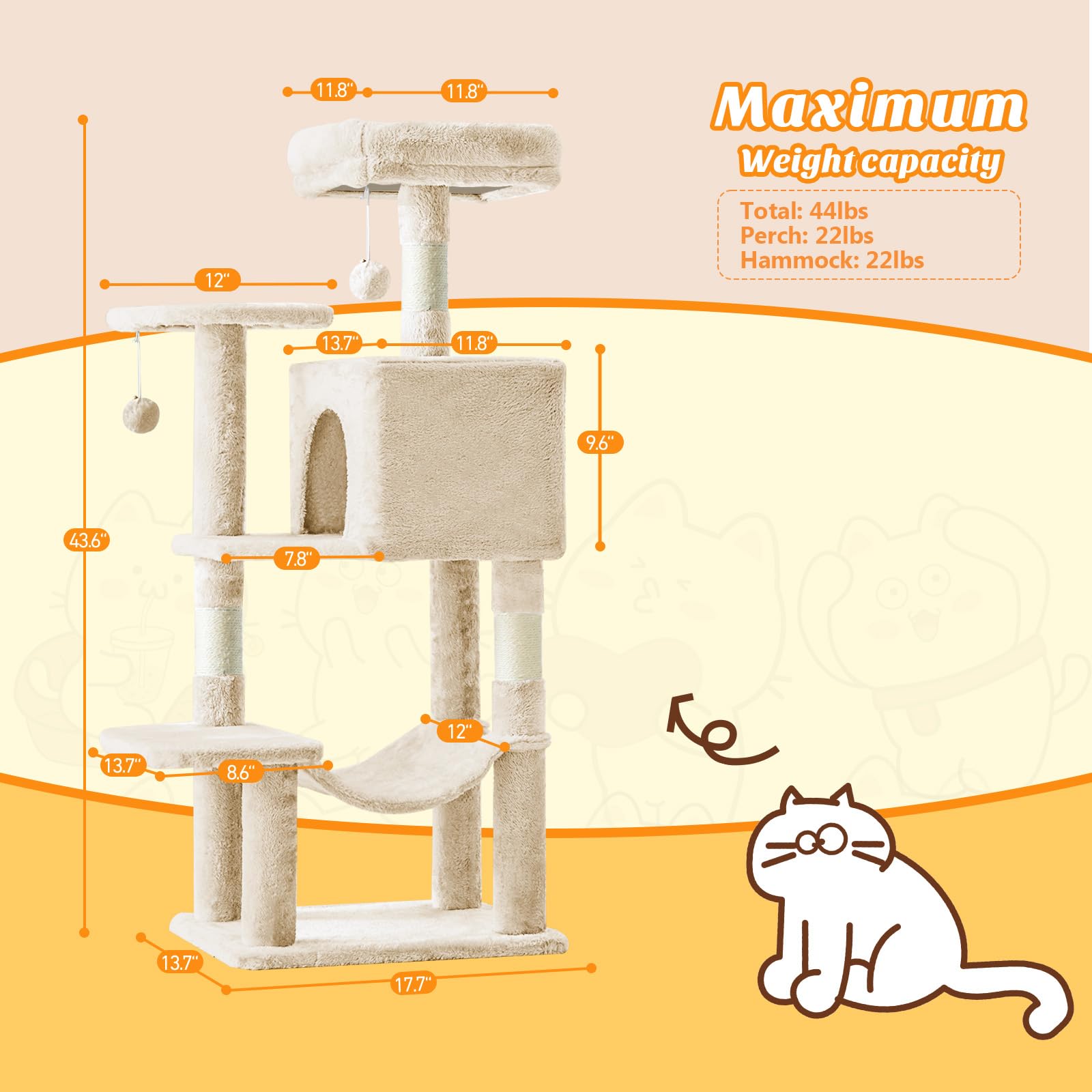 DUMOS 44 Inch Cat Tree Tower with Natural Sisal Scratching Posts