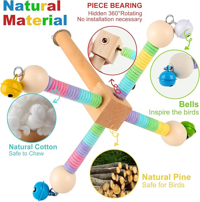 HOORITO Bird Perch Toy,360°Interactive Rotating Bird Perches for Cage,2-in-1 Wooden Stand Can be Used Inside&Outside Cage,Parrot Toys for Parakeets Lovebirds Conures Budgies Cockatiels