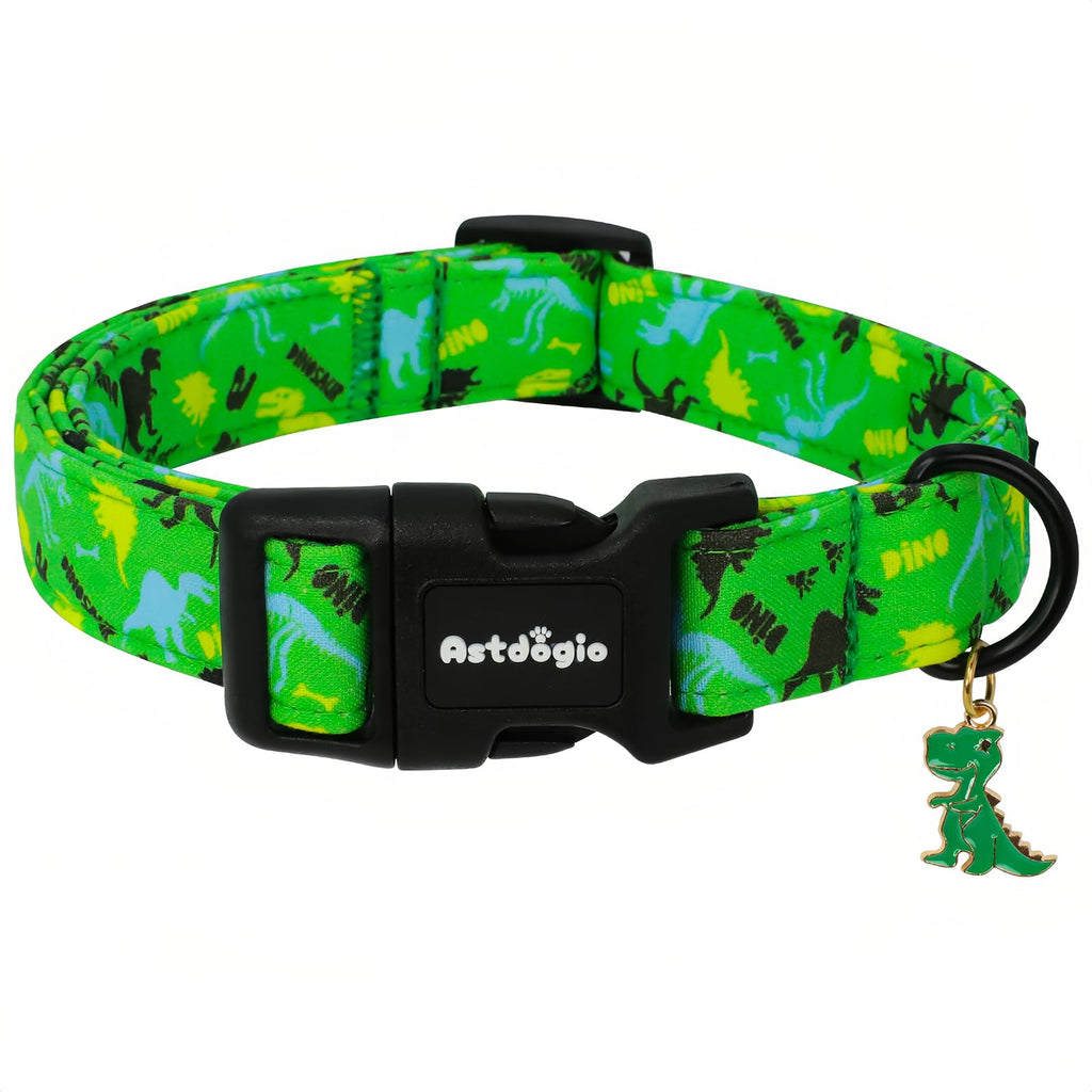 Astdogio Dog Collars for Small Medium Dogs, Dinosaur Dog Collars for Male Dogs，Adjustable Cotton Boy Dog Collars for Small Dogs，Ideal, Daily Photos & Pet Fashion Accessory, S