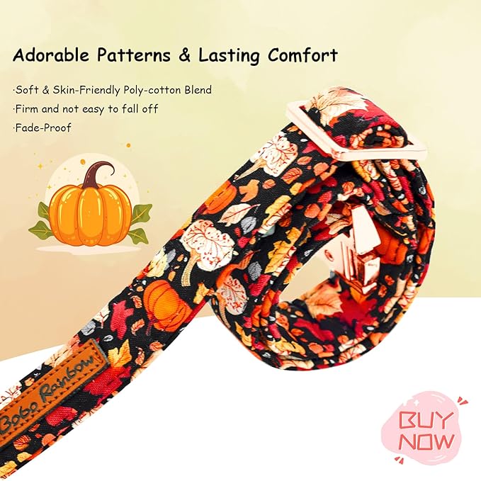 Bobo Rainbow Fall Dog Collar, Leaf Pumpkin Print Adjustable Pet Collar Cute Cotton Soft Collars with Bow Tie Metal Buckle Holiday Puppy Collars Boy&Girl Gift for Large Dogs