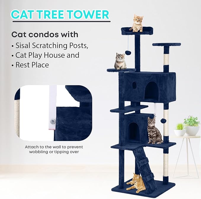 FDW | 70" Cat Tree Tower | Navy Blue | Multi-Level Indoor Activity Center with Sisal Scratching Posts, Condos, Plush Perches, Hanging Cat Toys | Sturdy, Easy to Assemble | for Kittens & Adult Cats