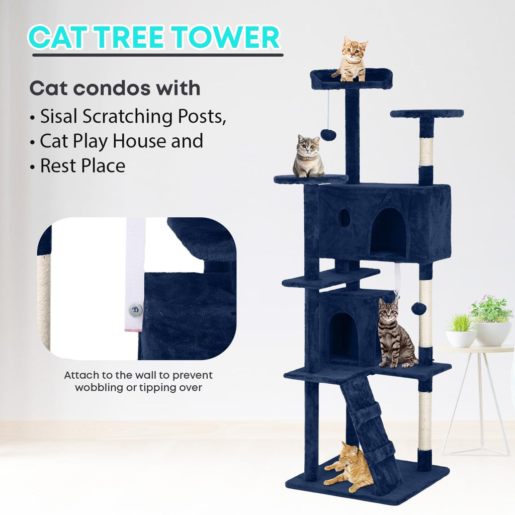 FDW | 70" Cat Tree Tower | Navy Blue | Multi-Level Indoor Activity Center with Sisal Scratching Posts, Condos, Plush Perches, Hanging Cat Toys | Sturdy, Easy to Assemble | for Kittens & Adult Cats