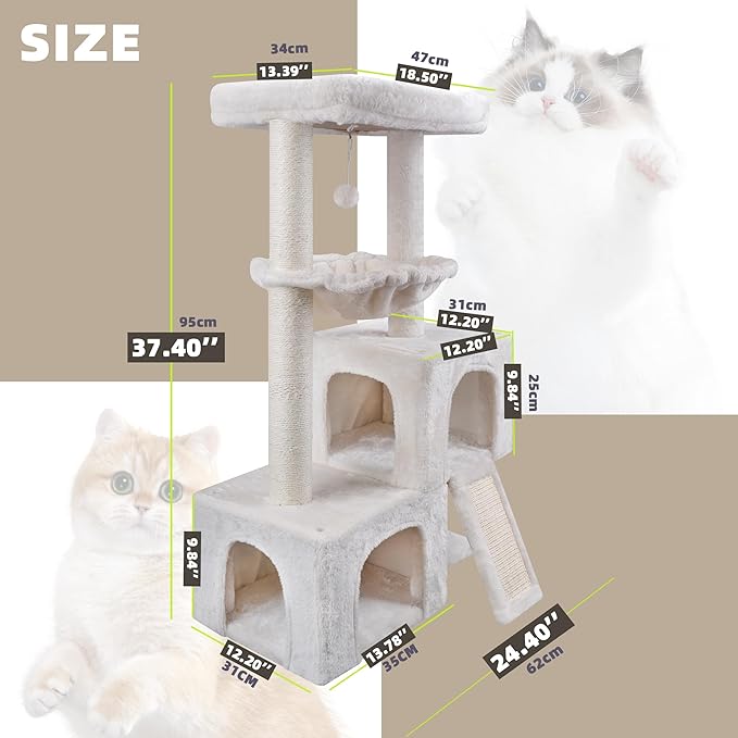 AIWIKIDE Cat Tree Has Scratching Toy with A Ball Activity Centre Cat Tower Furniture Jute-Covered Scratching Posts (Beige, 37.4'')